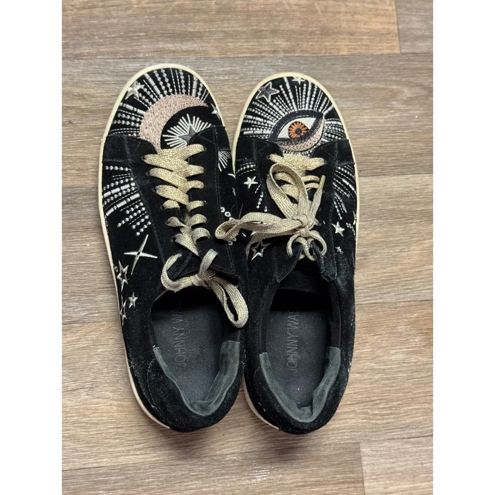 Johnny Was Black Suede Celestial Embroidered Sneakers Evil Eye Womens 7